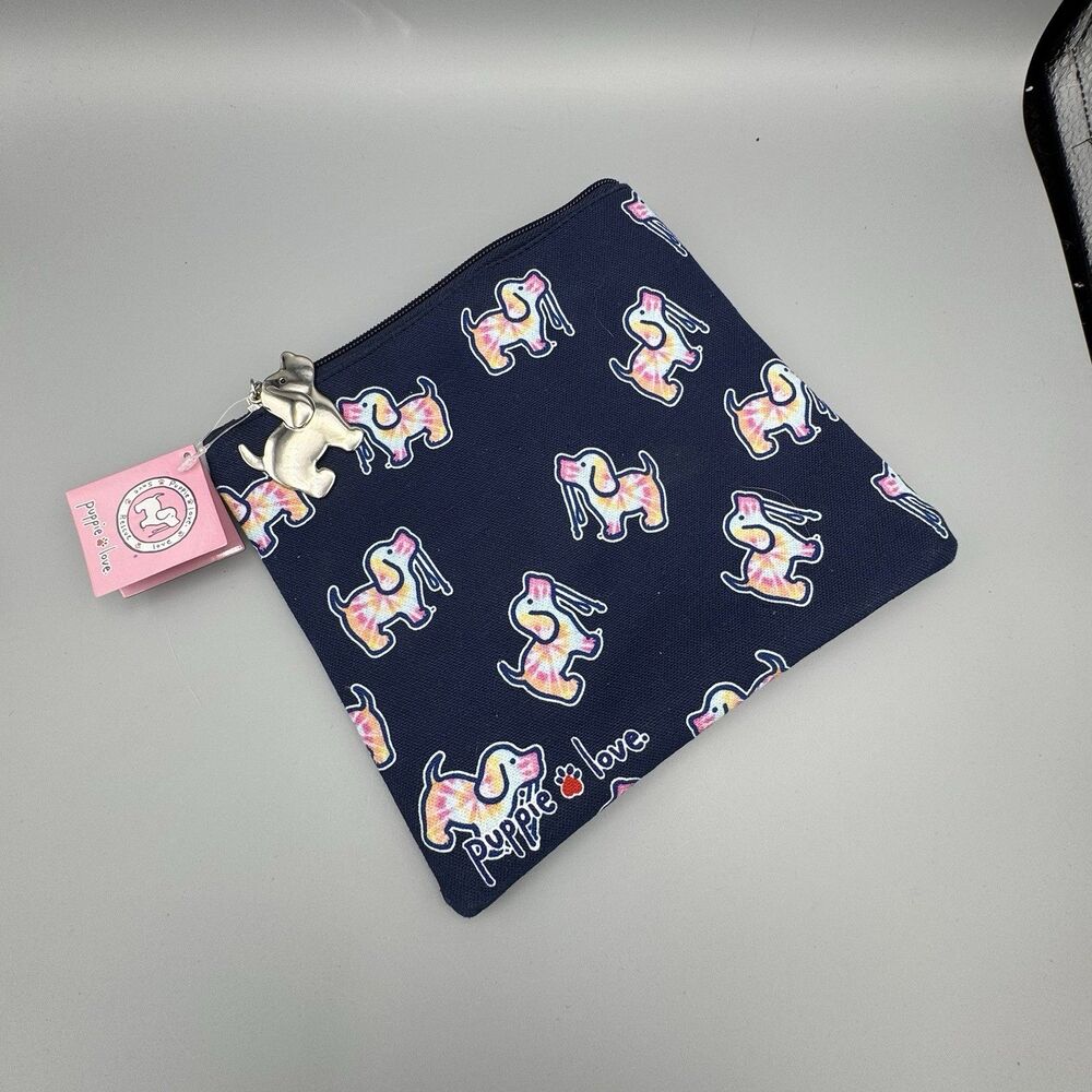 Puppie Love Zipper Pouch Navy with Tie Dye Dogs Makeup Travel Purse Insert Bag